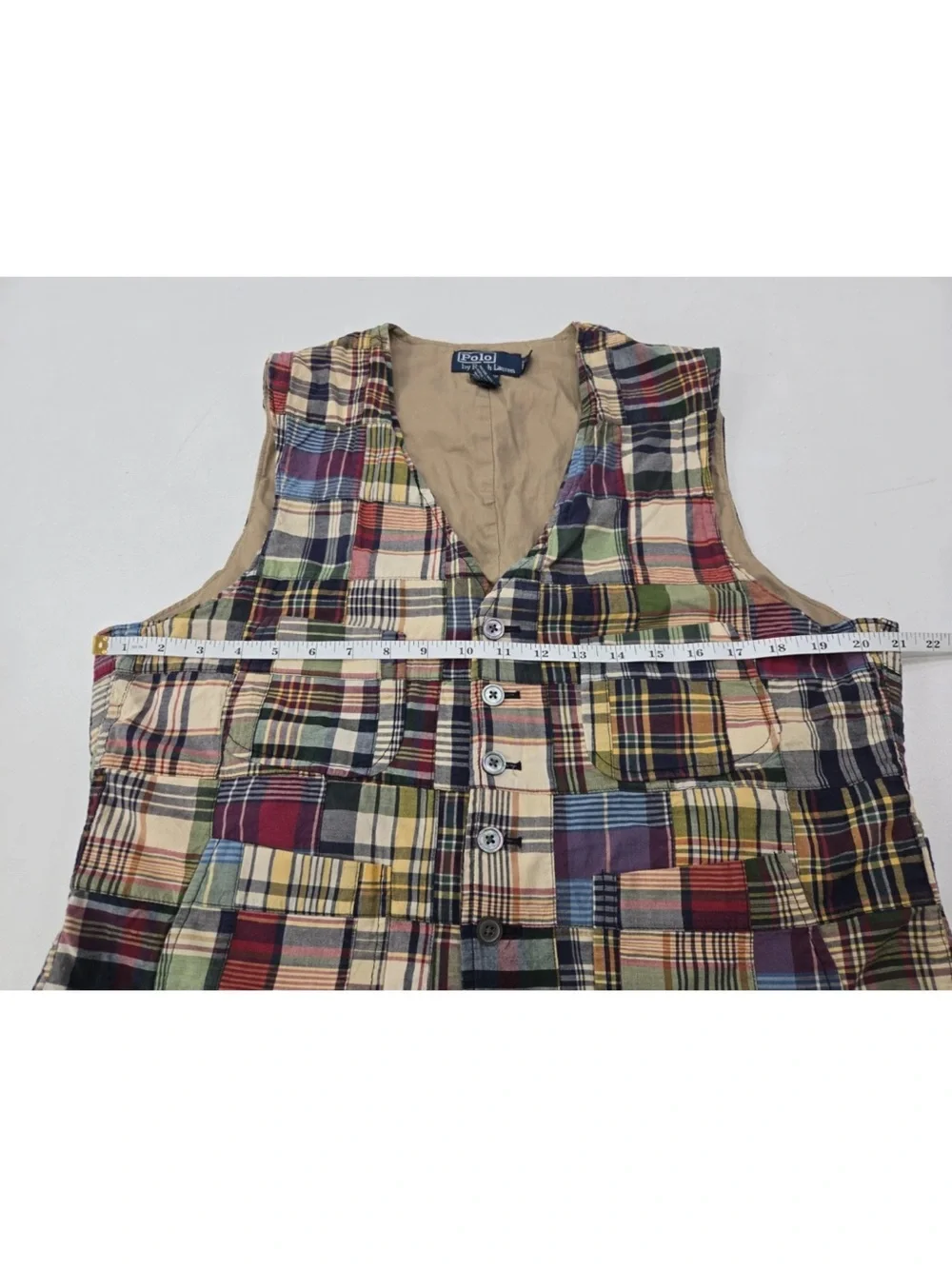 Polo Ralph Lauren India Madras Plaid Patchwork Vest Cinch Back Size L Mens - Picture 10 of 10